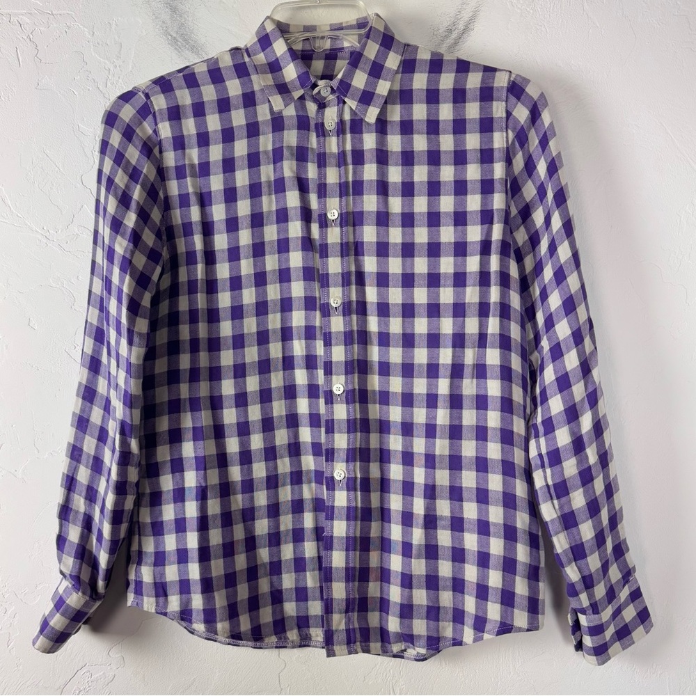 AMI Alexandre‎ Mattiussi Shirt Button Down Top Knit Plaid Print Purple Cream